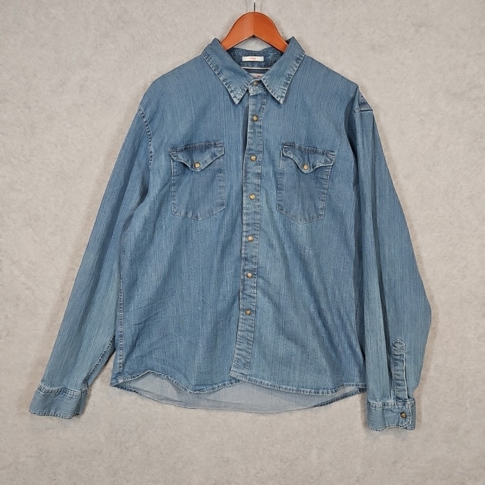 Vintage 90s Wrangler Indigo Pearl Snap Western Jean Denim Long Sleeve Shirt 2XL
